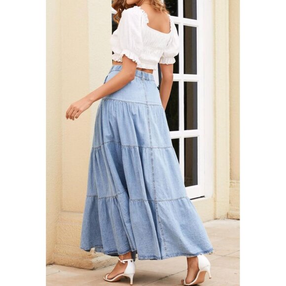 Women Denim Maxi Skirt High Waist A Line Ruffle Tiered Patchwork Light Blue - Picture 5 of 7